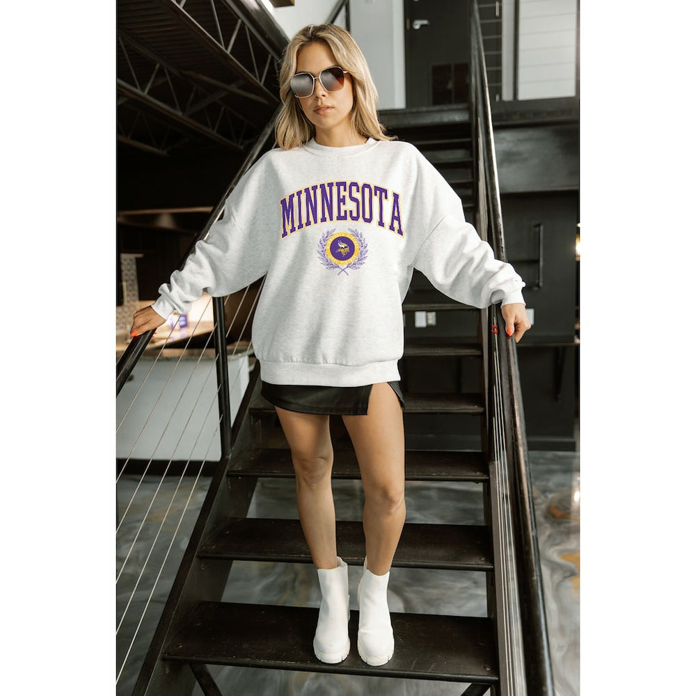 Minnesota Vikings Gameday Couture Women's Traditional Logo Oversized Premium Fleece Pullover Sweatshirt - Ash outlet