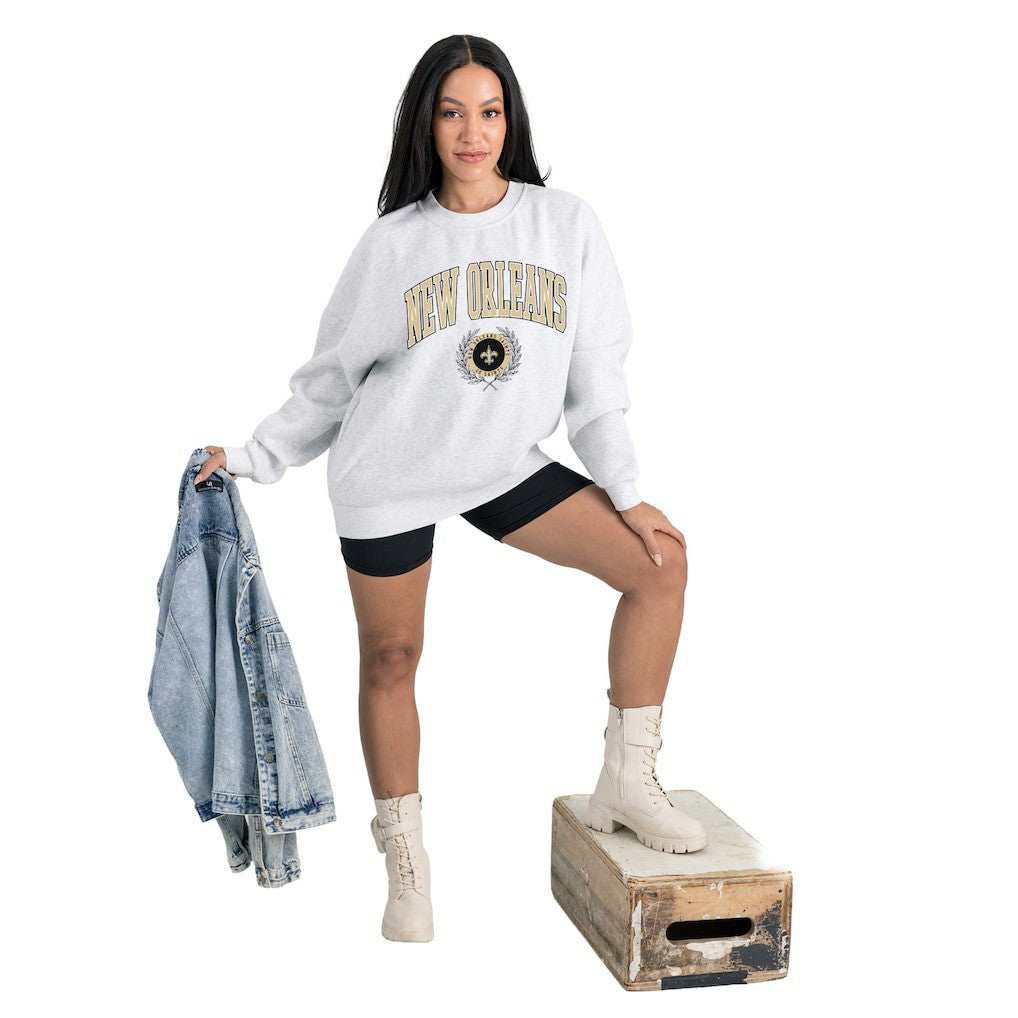 New Orleans Saints Gameday Couture Women's Traditional Logo Oversized Premium Fleece Pullover Sweatshirt - Ash for sale