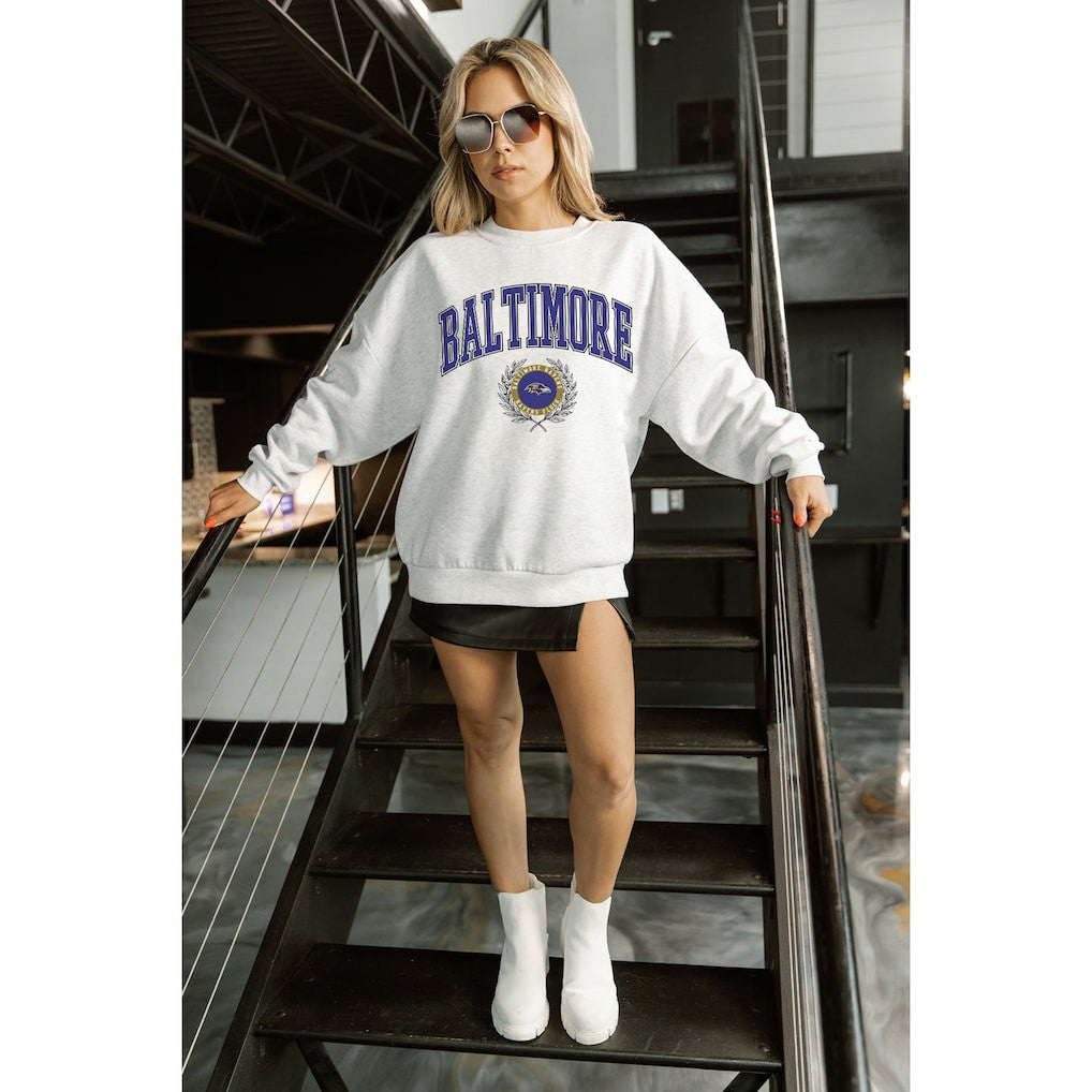 Baltimore Ravens Gameday Couture Women's Traditional Logo Oversized Premium Fleece Pullover Sweatshirt - Ash discount