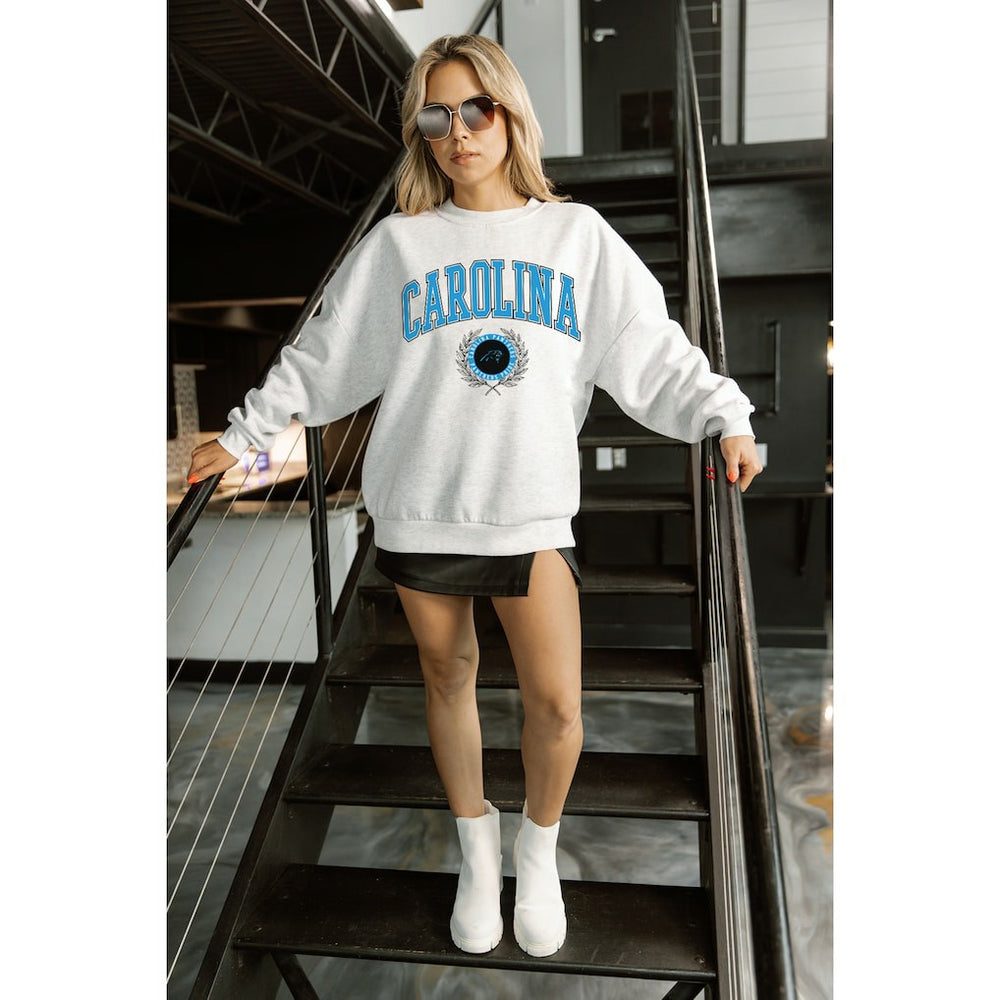 Carolina Panthers Gameday Couture Women's Traditional Logo Oversized Premium Fleece Pullover Sweatshirt - Ash cheap