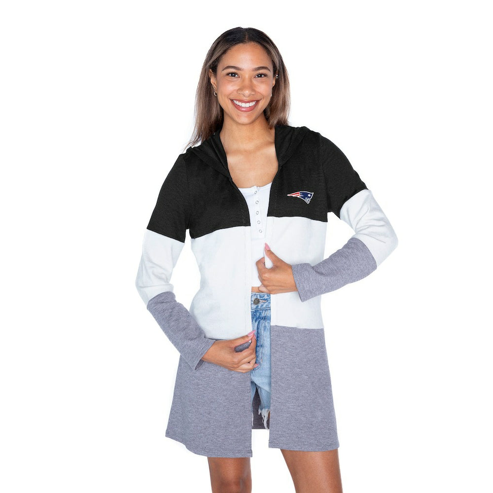 New England Patriots Gameday Couture Women's Tri-Blend Color Block Lightweight Cardigan Hoodie - Black on sale
