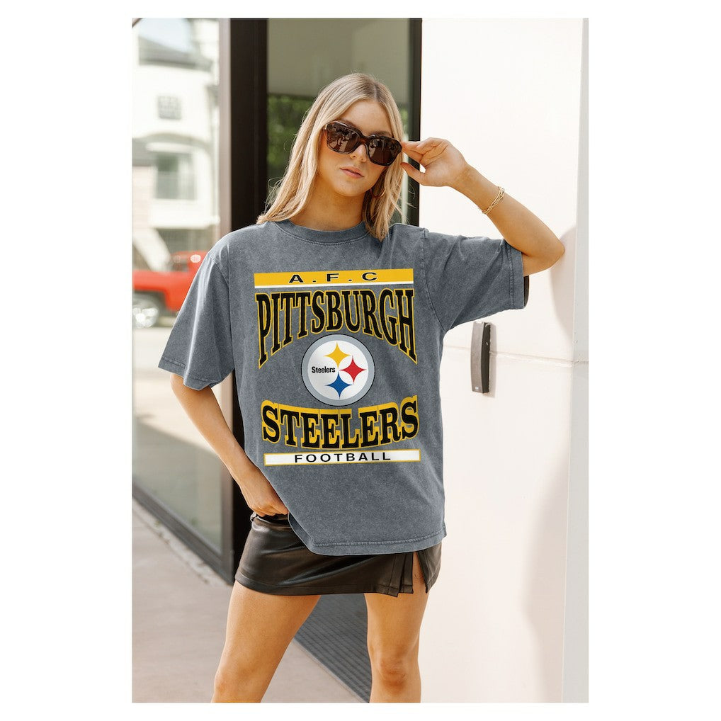 Pittsburgh Steelers Gameday Couture Women's Oversized Classic Grind Washed T-Shirt - Gray discount