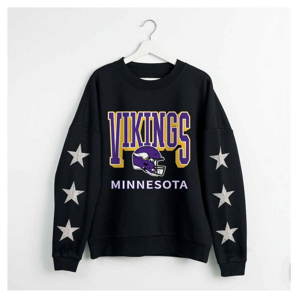 Minnesota Vikings Gameday Couture Women's Pure Victory Rhinestud Star-Sleeve Pullover Sweatshirt - Black for sale