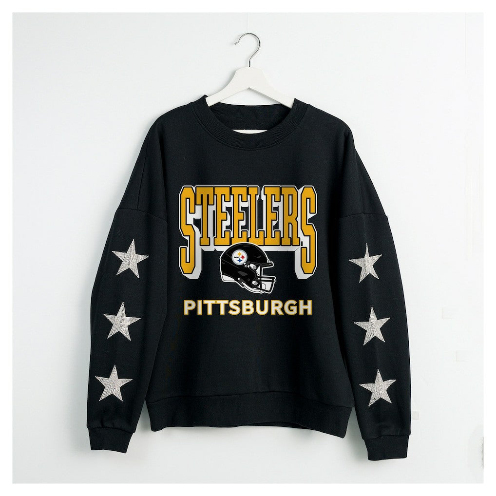 Pittsburgh Steelers Gameday Couture Women's Pure Victory Rhinestud Star-Sleeve Pullover Sweatshirt - Black on sale