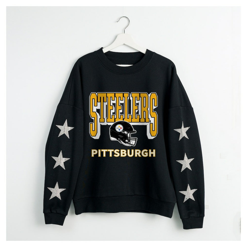 Pittsburgh Steelers Gameday Couture Women's Pure Victory Rhinestud Star-Sleeve Pullover Sweatshirt - Black on sale