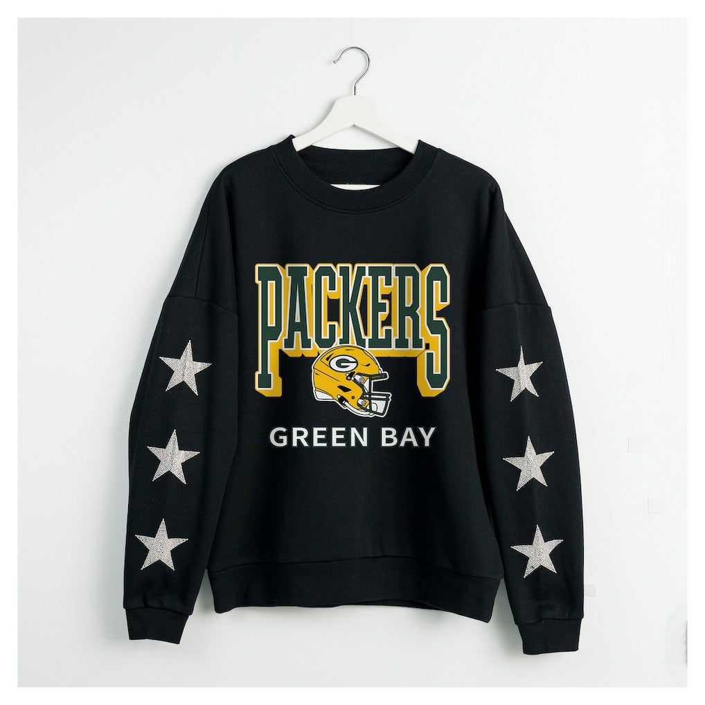 Green Bay Packers Gameday Couture Women's Pure Victory Rhinestud Star-Sleeve Pullover Sweatshirt - Black online