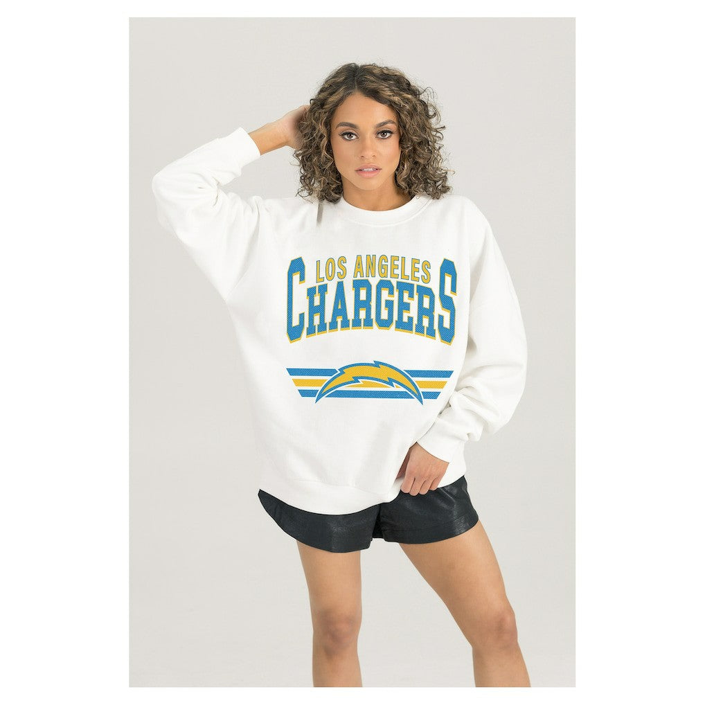 Los Angeles Chargers Gameday Couture Women's Swift Strike Premium Oversized Fleece Pullover Sweatshirt - White discount