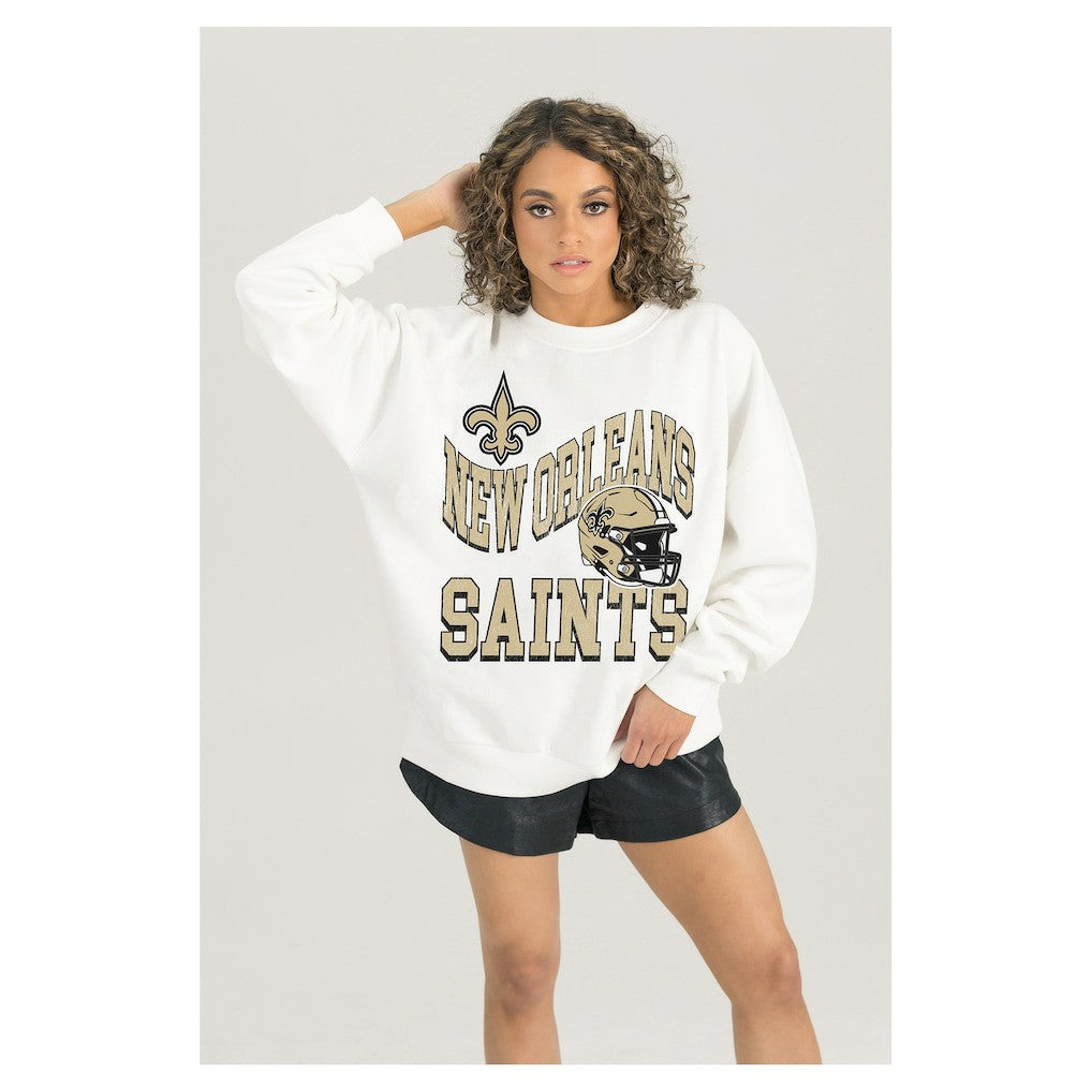 New Orleans Saints Gameday Couture Women's Oversized Hard Earned Premium Fleece Pullover Sweatshirt - White online