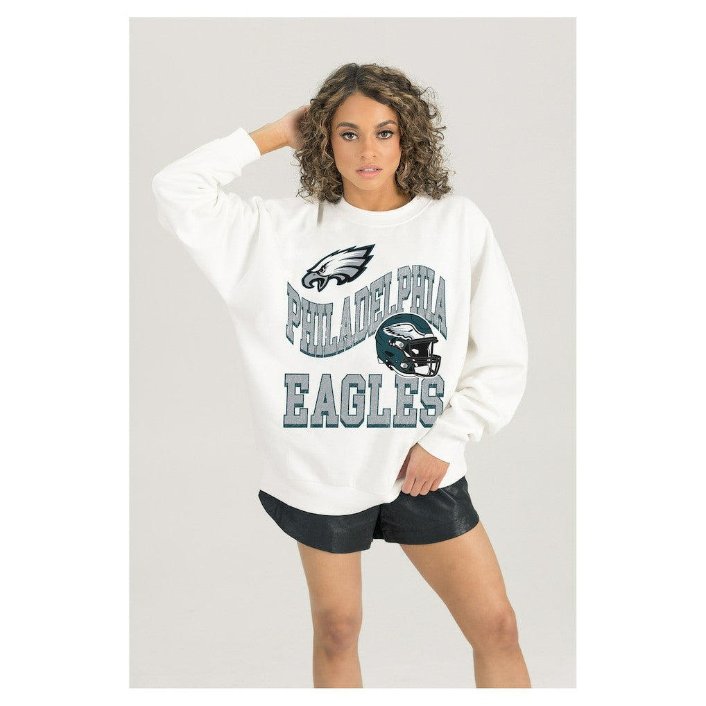 Philadelphia Eagles Gameday Couture Women's Oversized Hard Earned Premium Fleece Pullover Sweatshirt - White cheap