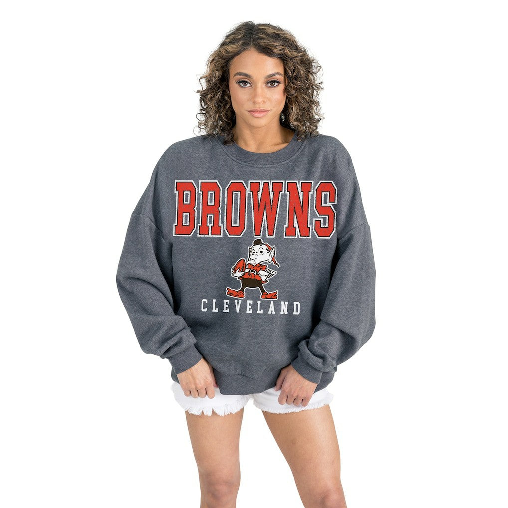 Cleveland Browns Gameday Couture Women's Bring Your Energy Oversized Premium Fleece Pullover Sweatshirt - Charcoal on sale