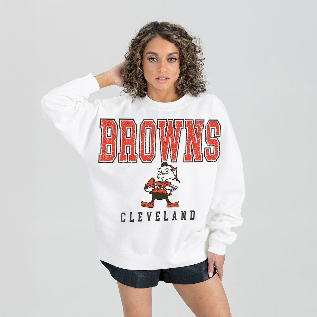 Cleveland Browns Gameday Couture Women's Classic Sunday Drives Oversized Premium Fleece Pullover Sweatshirt - White on sale