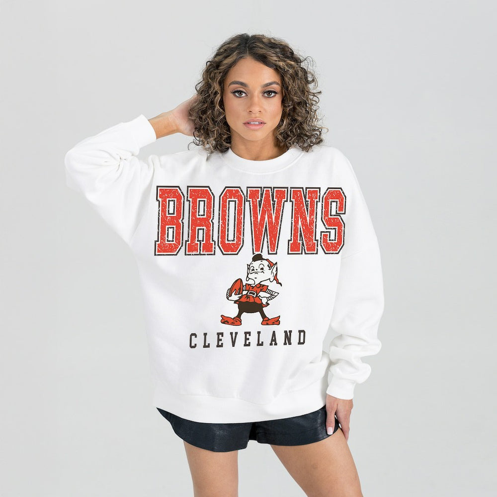 Cleveland Browns Gameday Couture Women's Classic Sunday Drives Oversized Premium Fleece Pullover Sweatshirt - White on sale