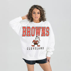 Cleveland Browns Gameday Couture Women's Classic Sunday Drives Oversized Premium Fleece Pullover Sweatshirt - White on sale