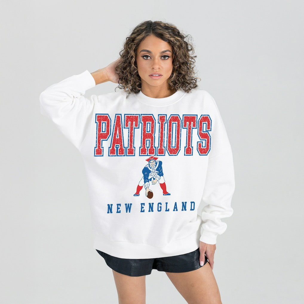 New England Patriots Gameday Couture Women's Classic Sunday Drives Oversized Premium Fleece Pullover Sweatshirt - White on sale