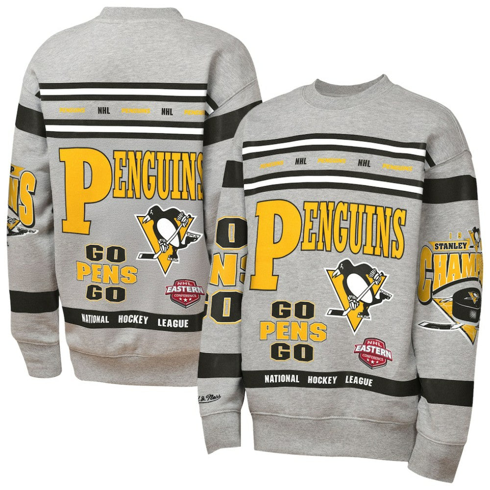 Pittsburgh Penguins Mitchell & Ness Youth Allover Print Fleece Crewneck Sweatshirt Heather Gray