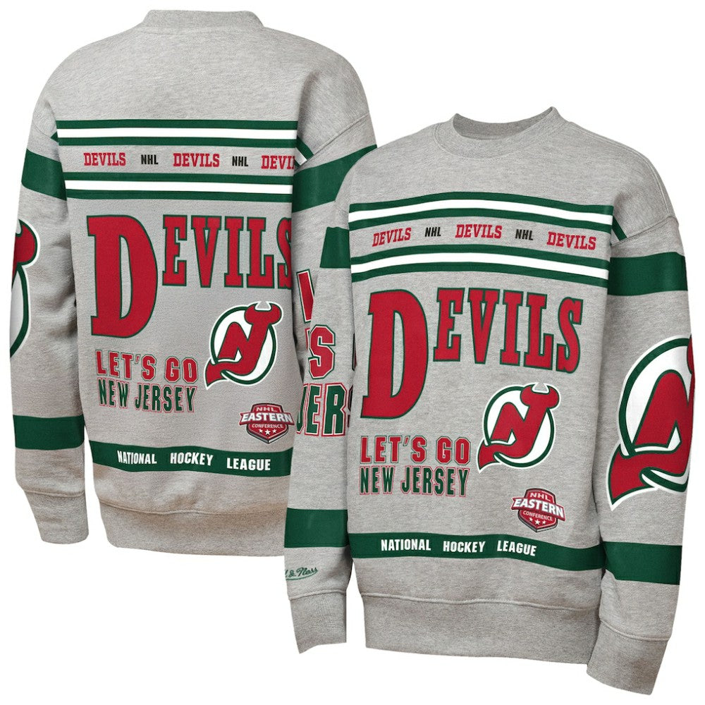 New Jersey Devils Mitchell & Ness Youth Allover Print Fleece Crewneck Sweatshirt Heather Gray