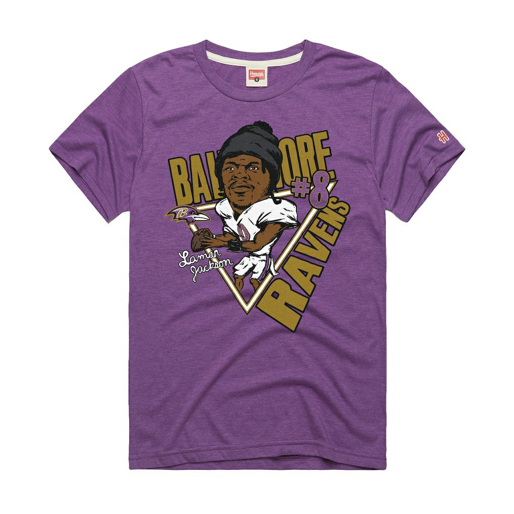 Lamar Jackson Baltimore Ravens Homage Unisex Caricature Player Graphic Tri-Blend T-Shirt - Purple on sale