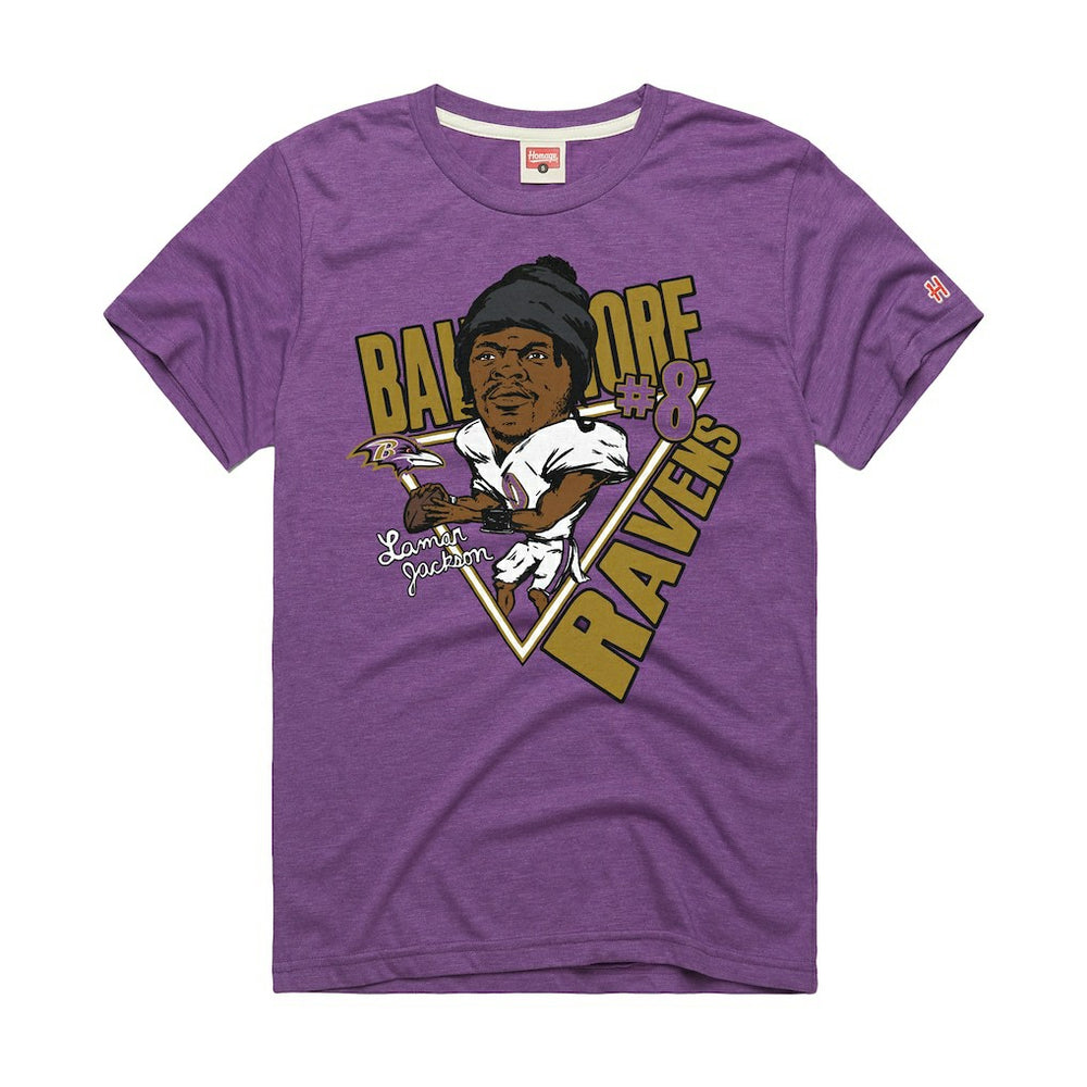 Lamar Jackson Baltimore Ravens Homage Unisex Caricature Player Graphic Tri-Blend T-Shirt - Purple on sale