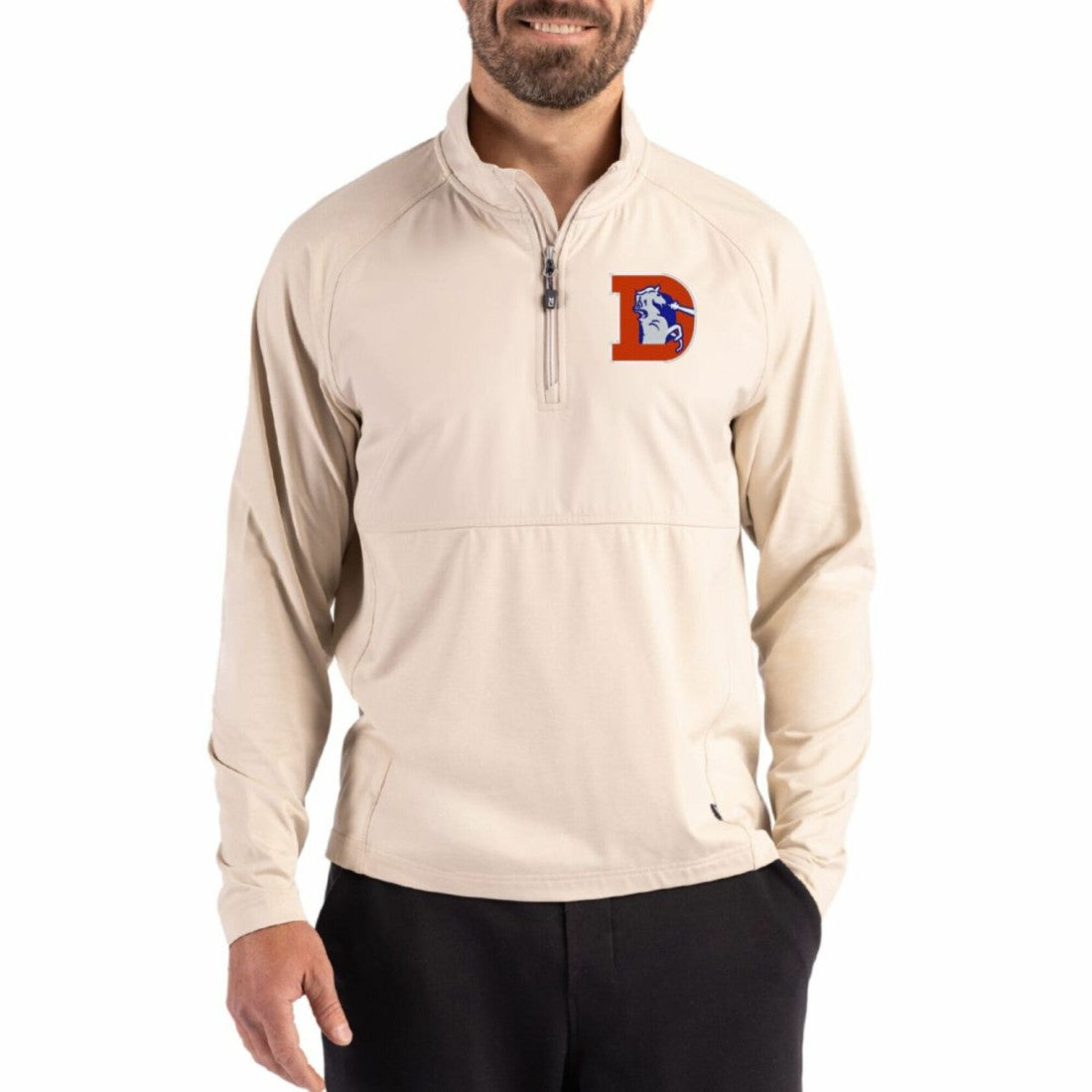 Denver Broncos Cutter & Buck Adapt Eco Knit Hybrid Recycled Quarter-Zip Jacket - Light Brown cheap