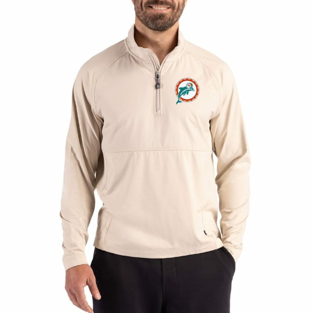 Miami Dolphins Cutter & Buck Adapt Eco Knit Hybrid Recycled Quarter-Zip Jacket - Light Brown online