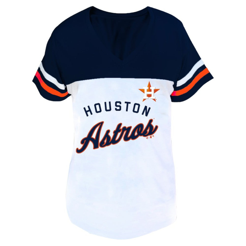 Houston Astros Profile Women's Plus Size Two-Stripe V-Neck T-Shirt - White/Navy