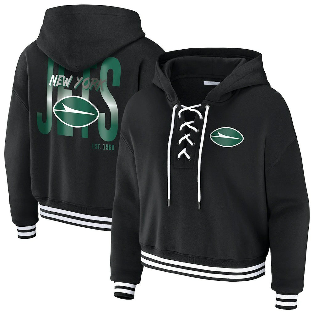New York Jets WEAR by Erin Andrews Women's Lace-Up Fleece Hoodie - Black discount