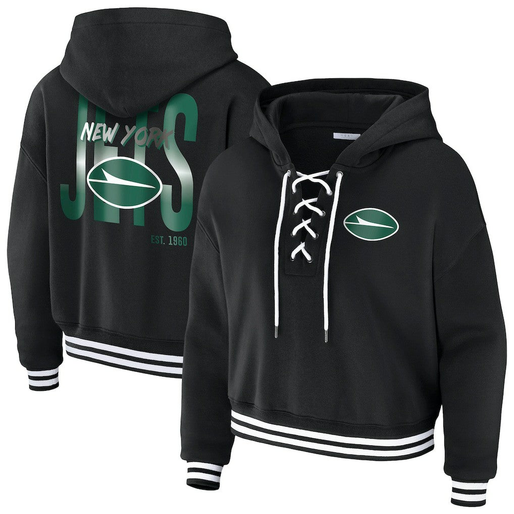 New York Jets WEAR by Erin Andrews Women's Lace-Up Fleece Hoodie - Black discount