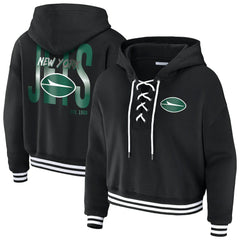 New York Jets WEAR by Erin Andrews Women's Lace-Up Fleece Hoodie - Black discount