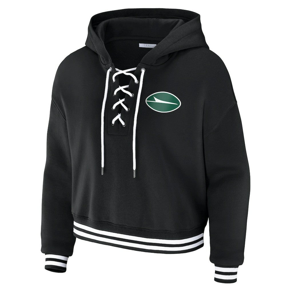 New York Jets WEAR by Erin Andrews Women's Lace-Up Fleece Hoodie - Black discount