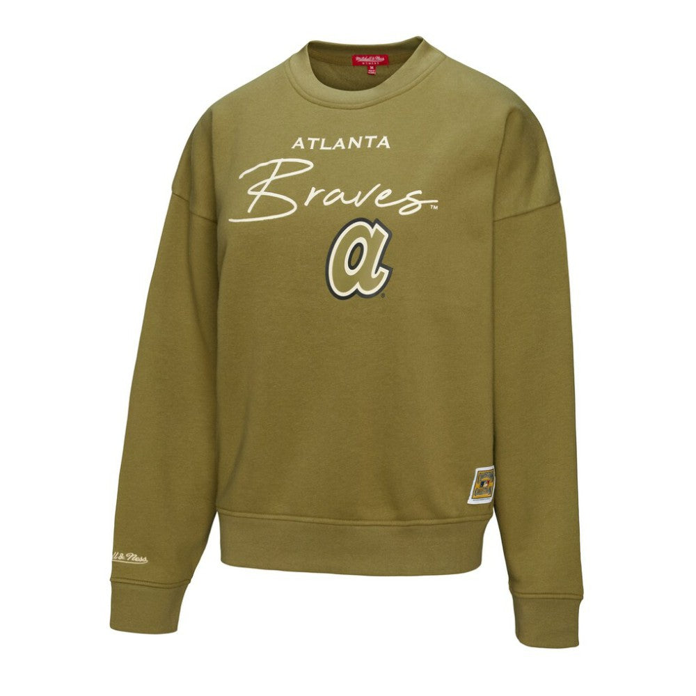 Atlanta Braves Women's Oversized Crewneck Sweatshirt - Olive | Mitchell & Ness