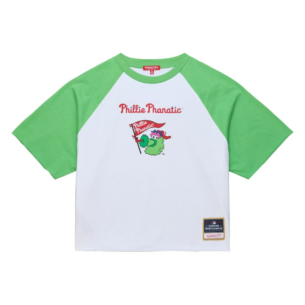 Philadelphia Phillies Women's Cropped Raglan Mascot Boxy T-Shirt - White | Mitchell & Ness
