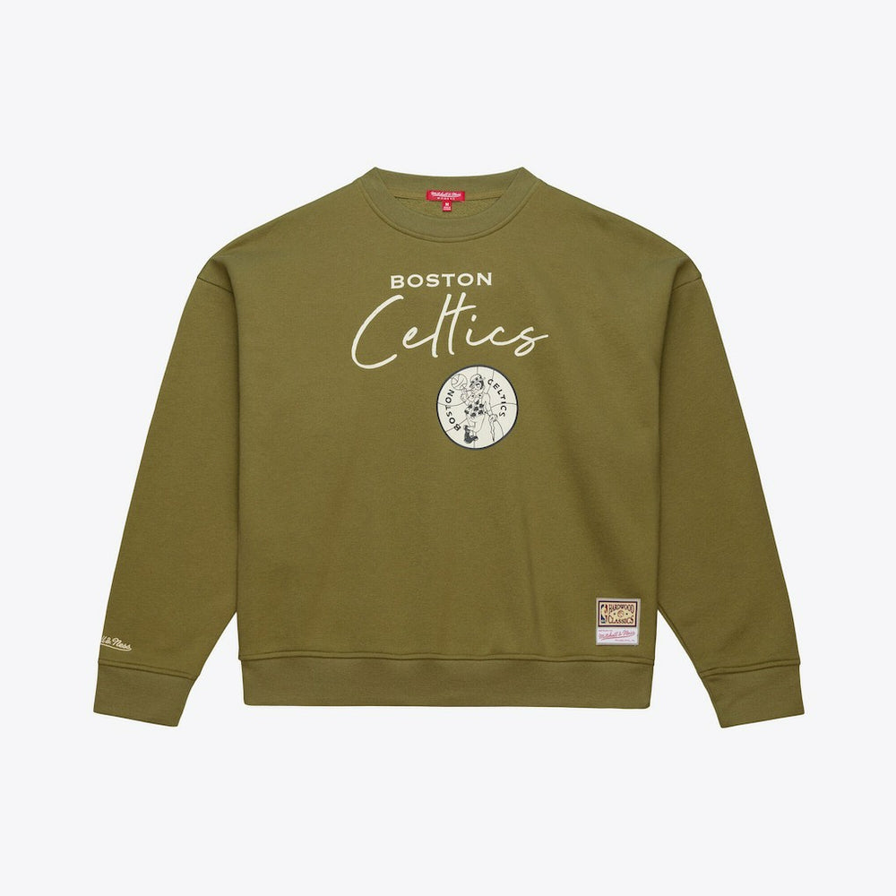 Boston Celtics Women's Lightweight Script Sweatshirt - Olive | Mitchell & Ness shop