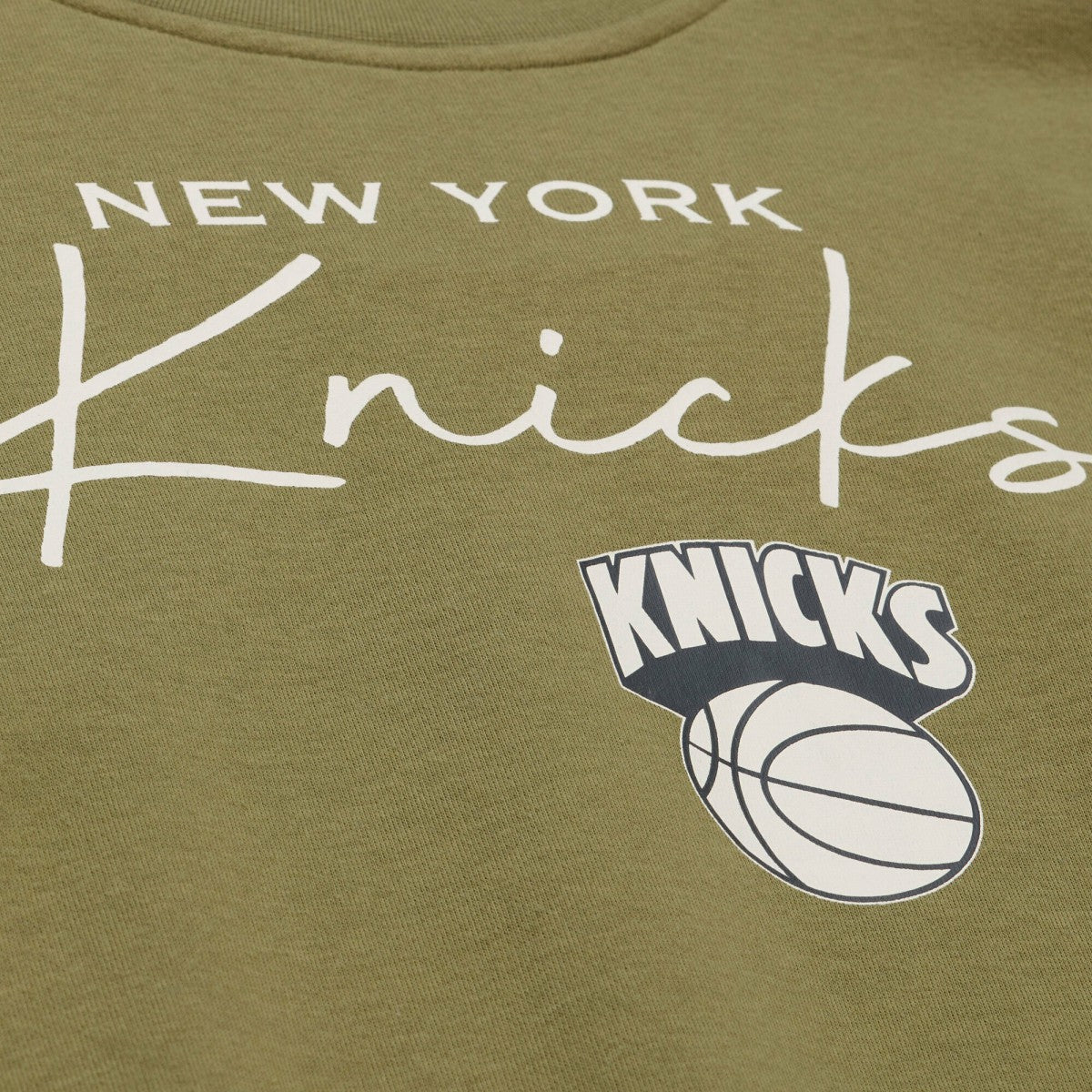 New York Knicks Women's Lightweight Script Sweatshirt - Olive | Mitchell & Ness shop