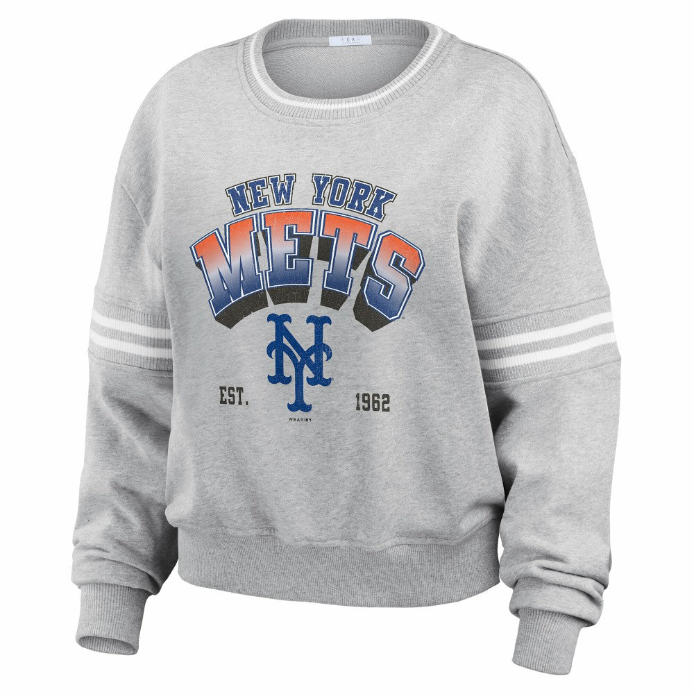 New York Mets WEAR by Erin Andrews Women's Sleeve Stripe Fleece Sweatshirt - Gray