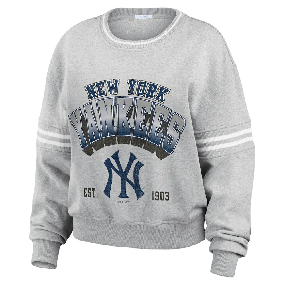 New York Yankees WEAR by Erin Andrews Women's Sleeve Stripe Fleece Crewneck Sweatshirt - Gray