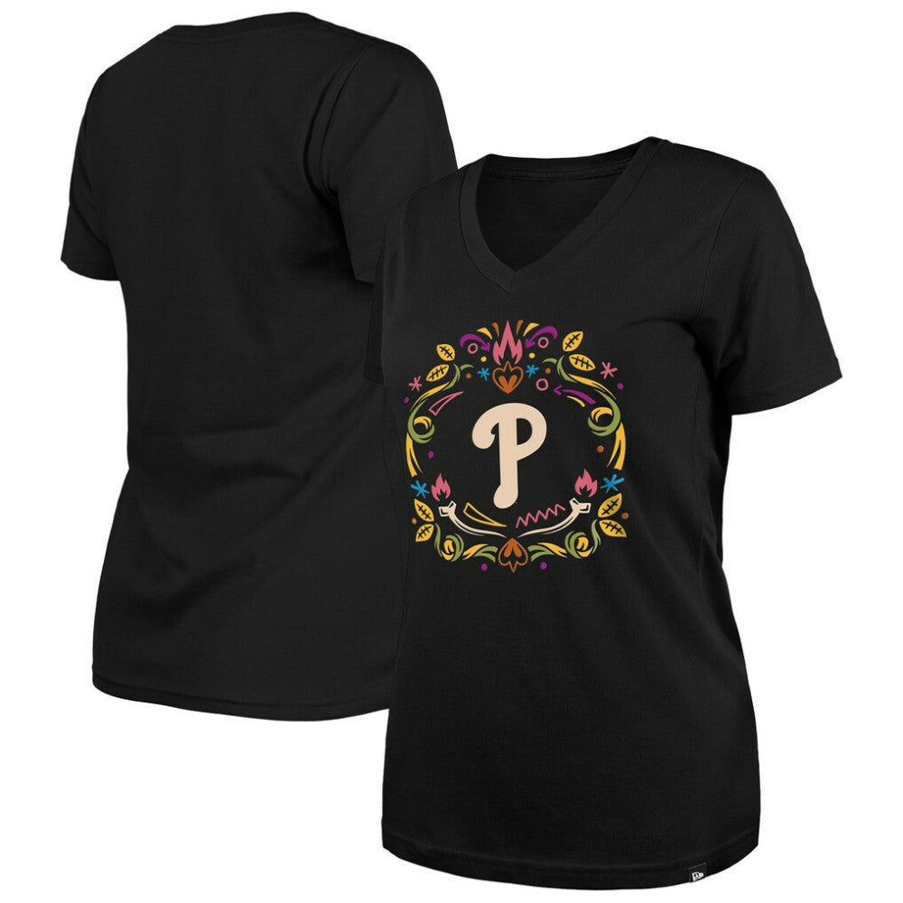 Philadelphia Phillies Women's Día de los Muertos V-Neck T-Shirt - Black | New Era