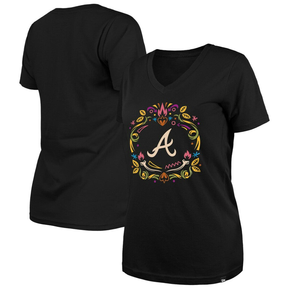 Atlanta Braves Women's Día de los Muertos V-Neck T-Shirt - Black | New Era
