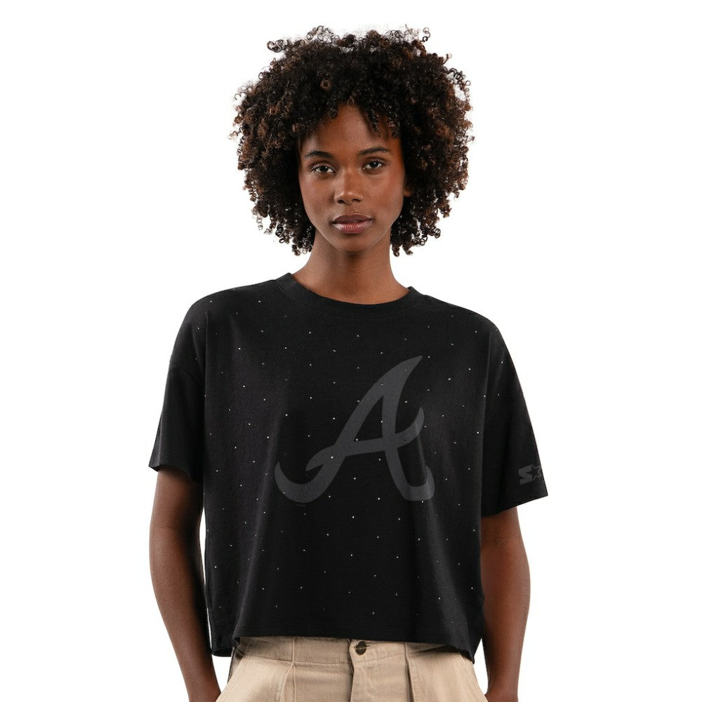 Atlanta Braves Starter Women's Rhinestone Sprinkle Boxy Cropped T-Shirt - Black