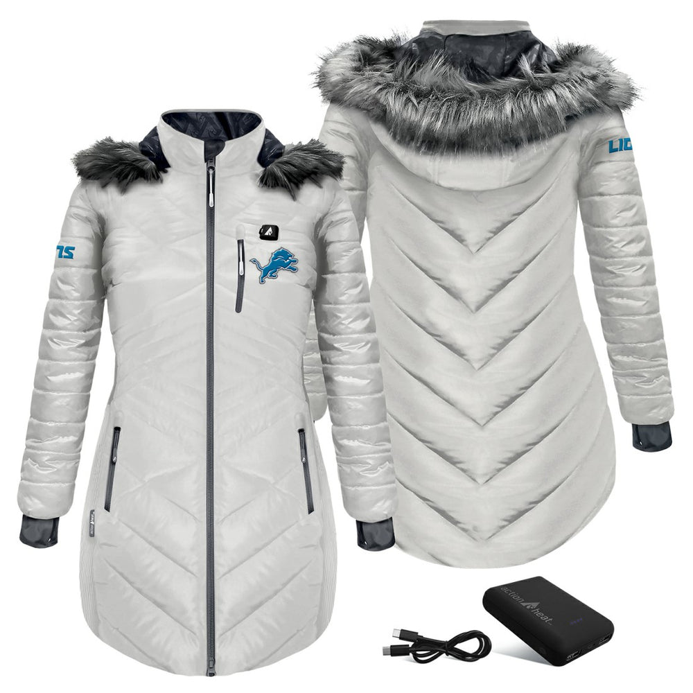 Detroit Lions ActionHeat Women's 5V Battery Heated Long Puffer Full-Zip Hoodie Jacket - White for sale