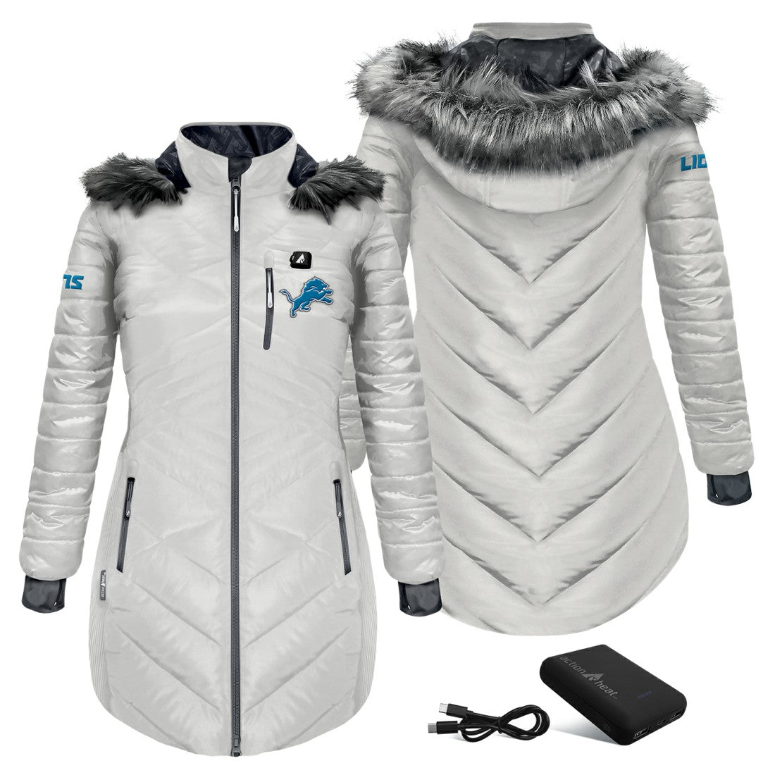 Detroit Lions ActionHeat Women's 5V Battery Heated Long Puffer Full-Zip Hoodie Jacket - White for sale