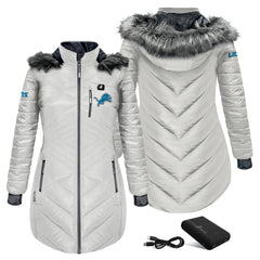 Detroit Lions ActionHeat Women's 5V Battery Heated Long Puffer Full-Zip Hoodie Jacket - White for sale