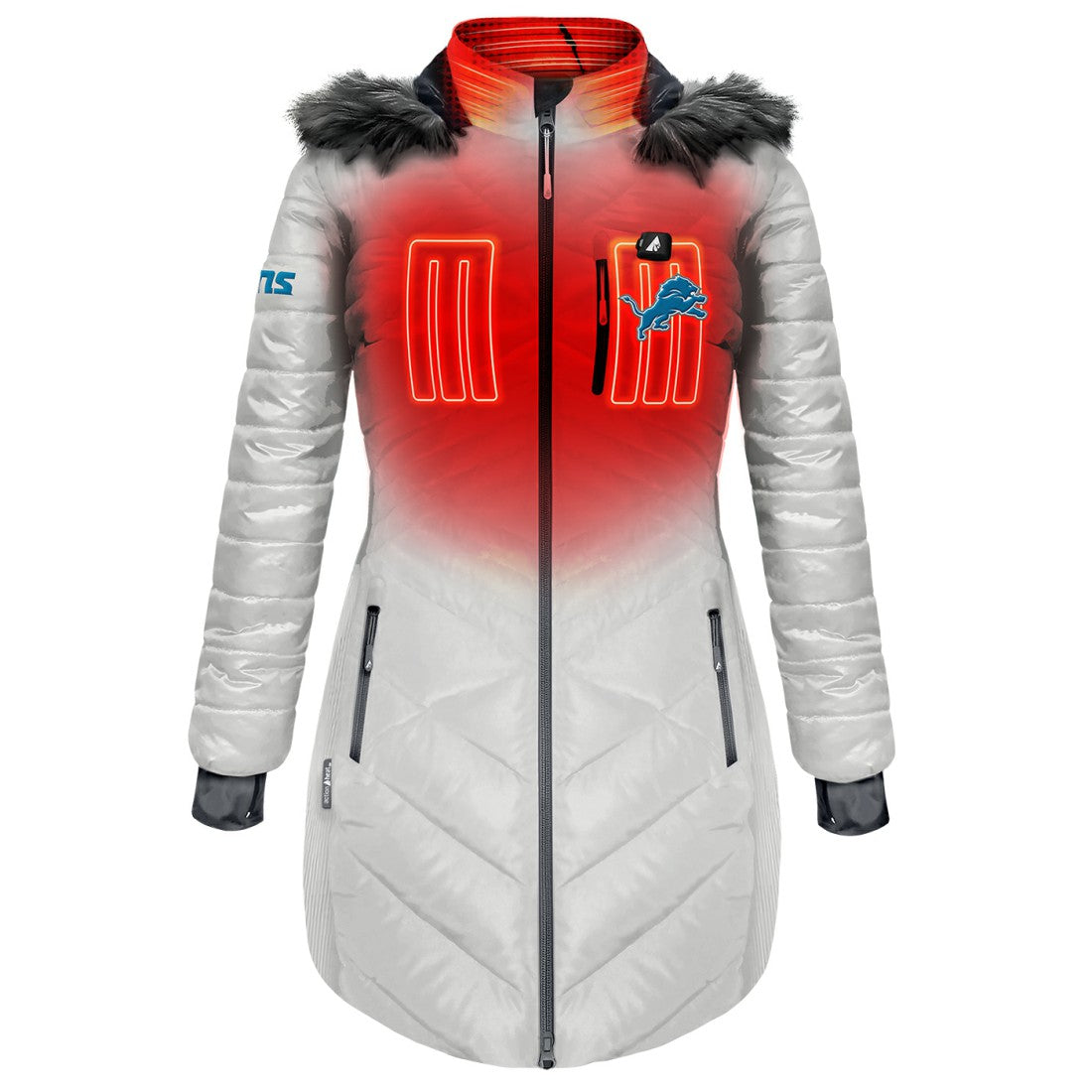 Detroit Lions ActionHeat Women's 5V Battery Heated Long Puffer Full-Zip Hoodie Jacket - White for sale