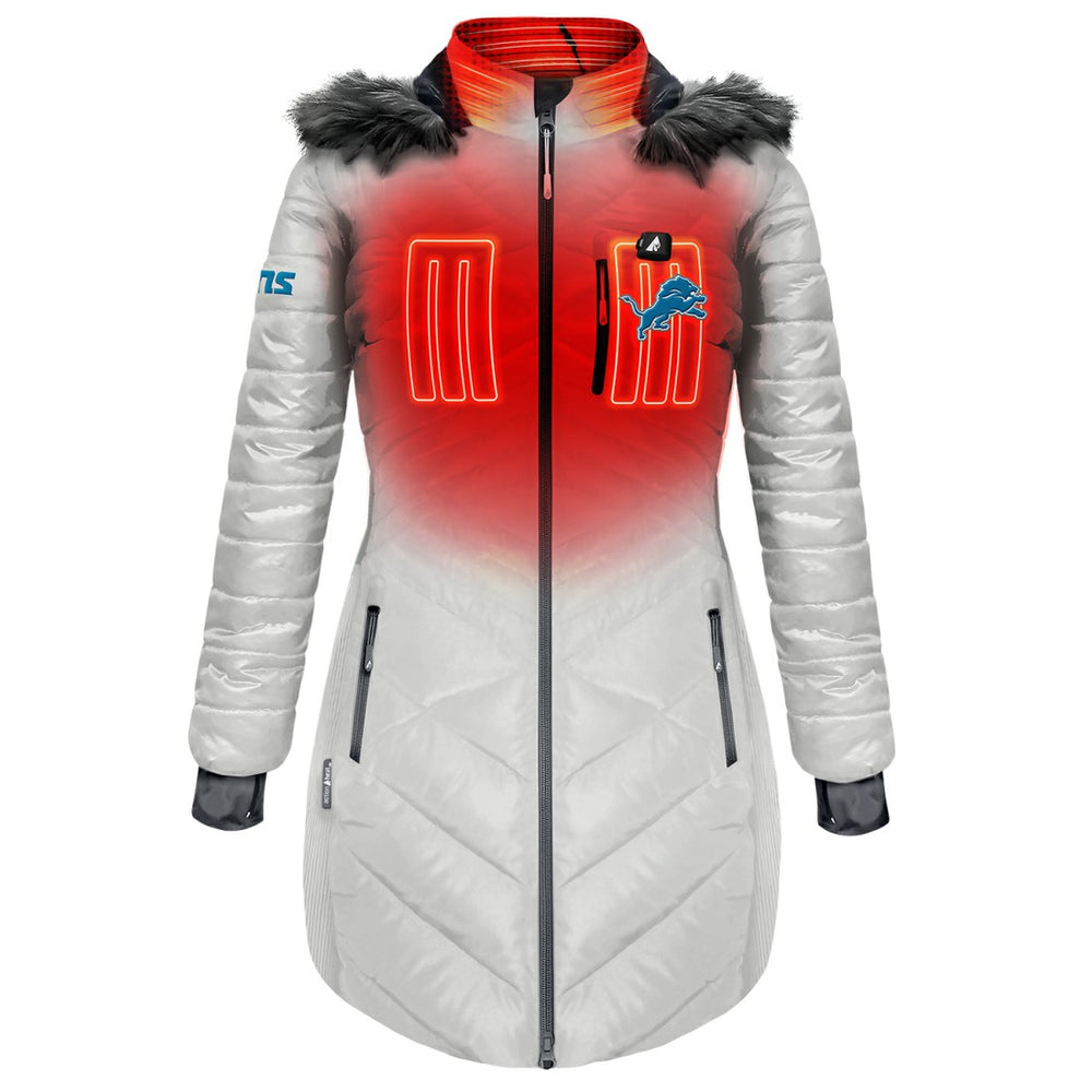 Detroit Lions ActionHeat Women's 5V Battery Heated Long Puffer Full-Zip Hoodie Jacket - White for sale