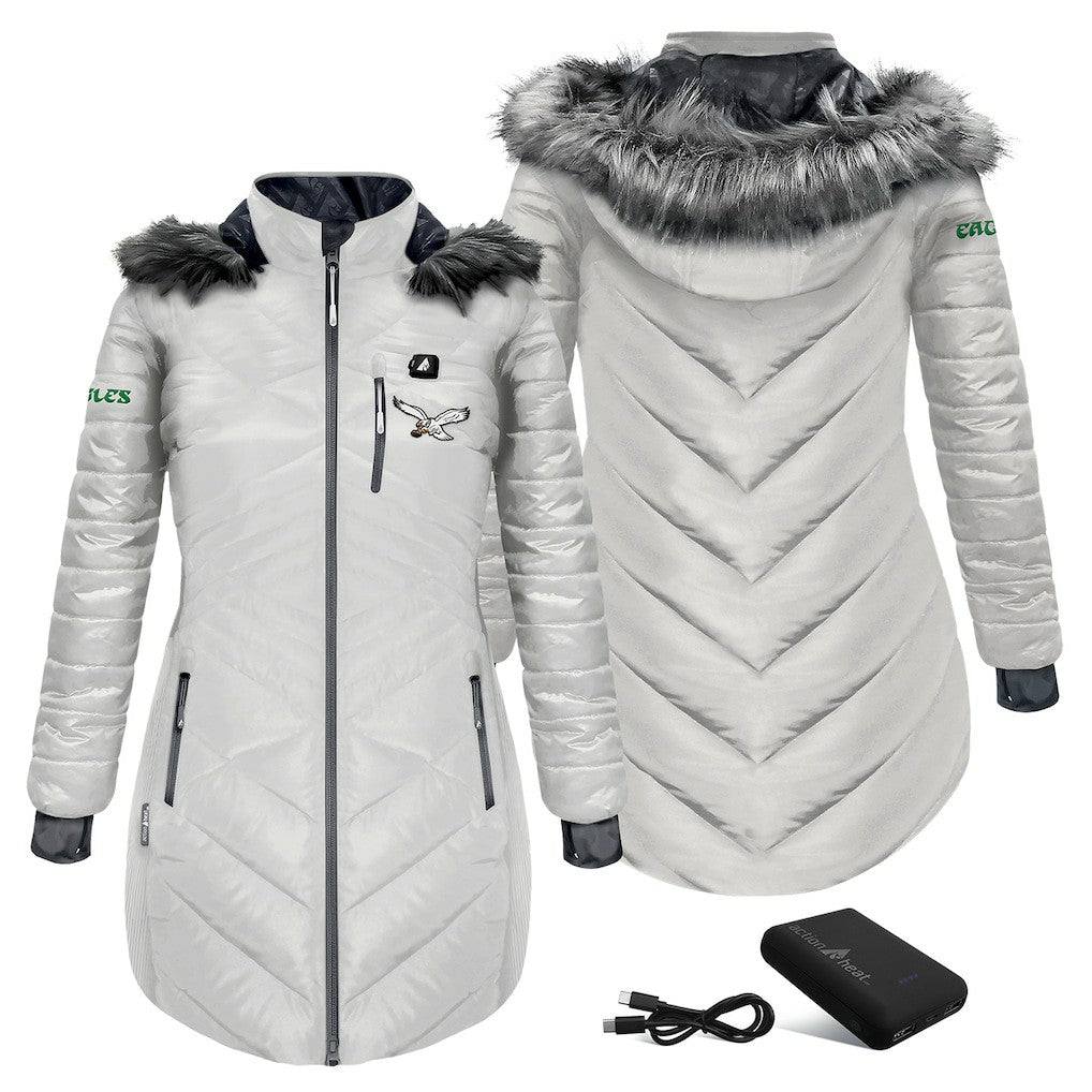 Philadelphia Eagles ActionHeat Women's 5V Battery Heated Long Puffer Full-Zip Hoodie Jacket - White discount