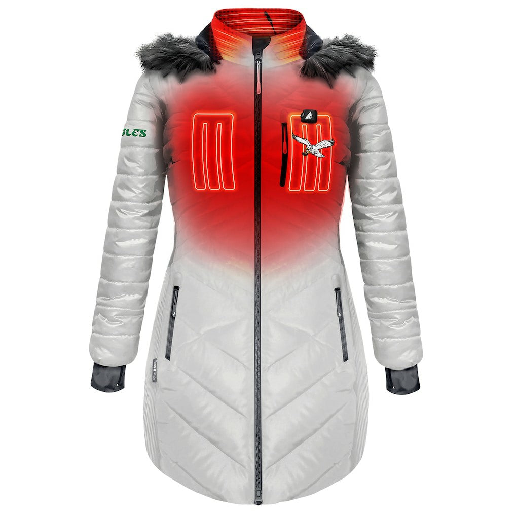 Philadelphia Eagles ActionHeat Women's 5V Battery Heated Long Puffer Full-Zip Hoodie Jacket - White discount