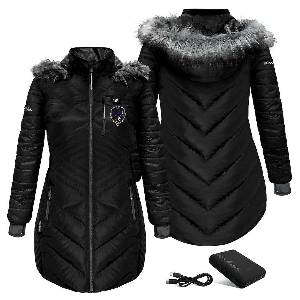 Baltimore Ravens ActionHeat Women's 5V Battery Heated Long Puffer Full-Zip Hoodie Jacket - Black for sale