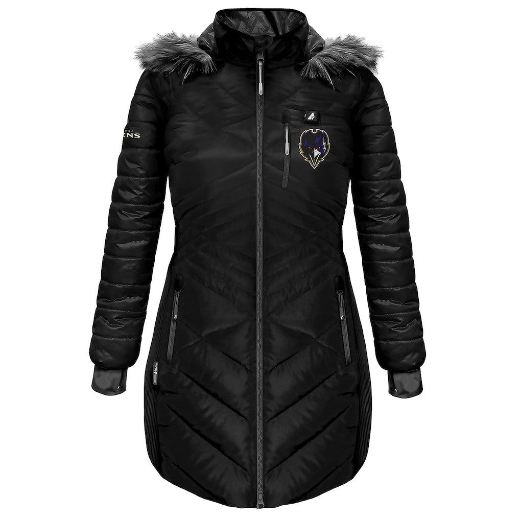 Baltimore Ravens ActionHeat Women's 5V Battery Heated Long Puffer Full-Zip Hoodie Jacket - Black for sale