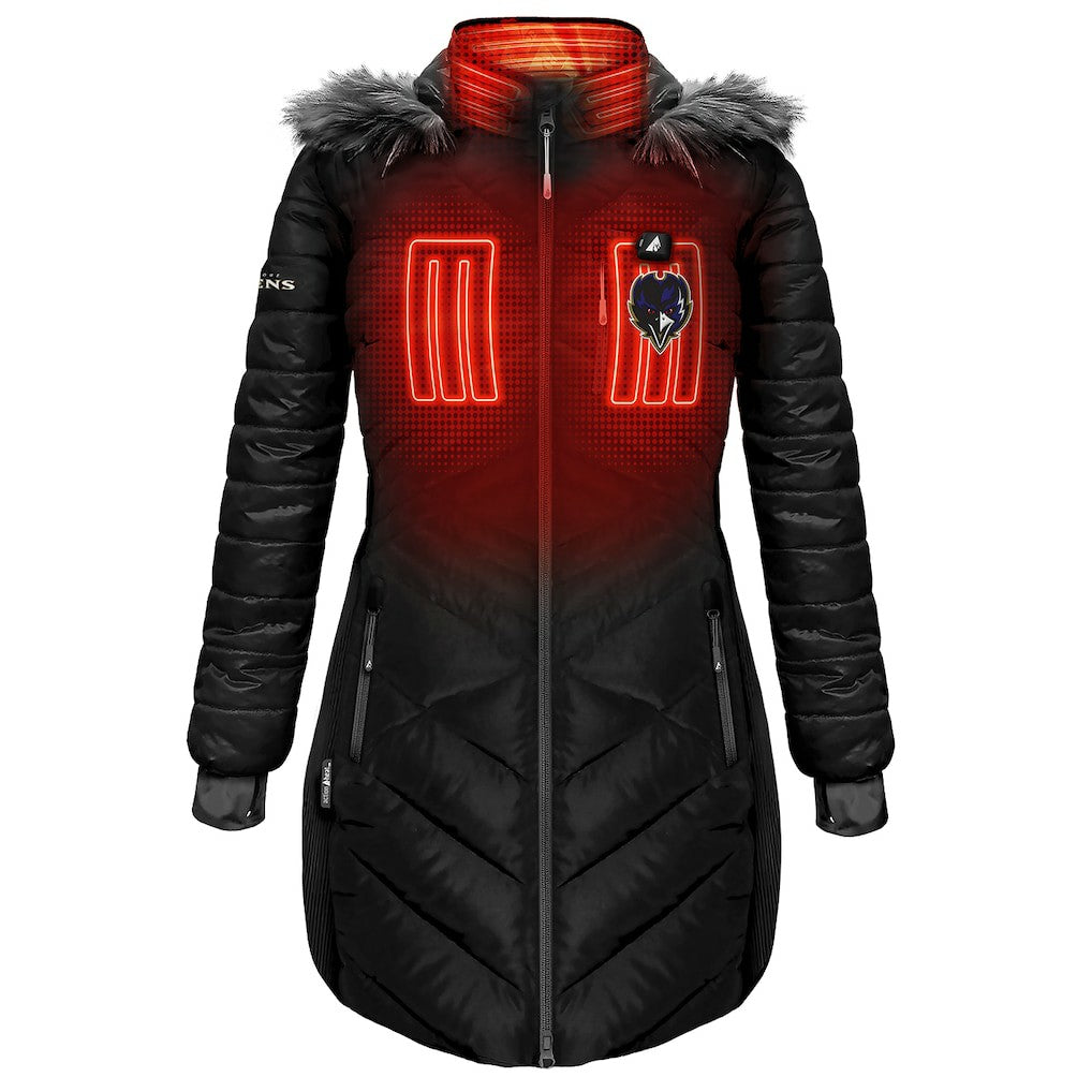 Baltimore Ravens ActionHeat Women's 5V Battery Heated Long Puffer Full-Zip Hoodie Jacket - Black for sale