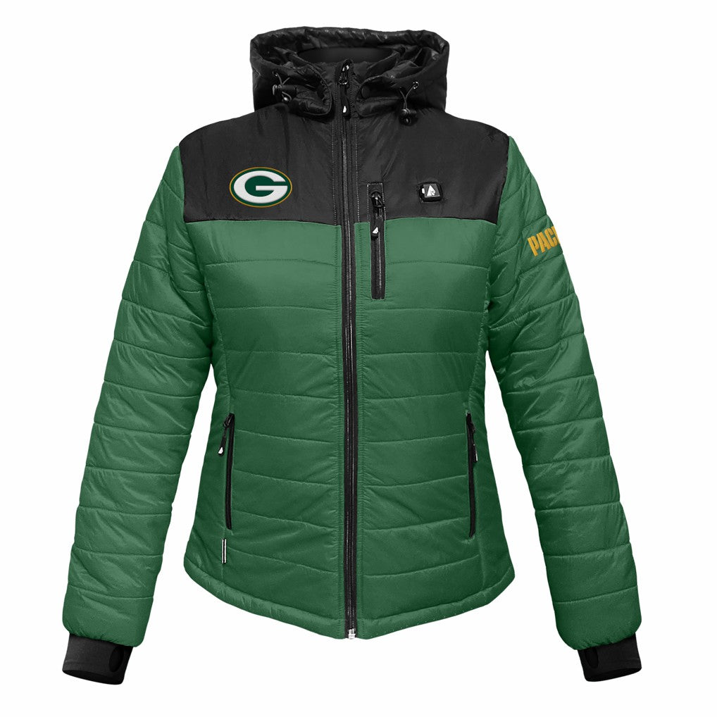 Green Bay Packers ActionHeat Women's 5V Battery Heated Insulated Puffer Full-Zip Jacket - Green/Black cheap