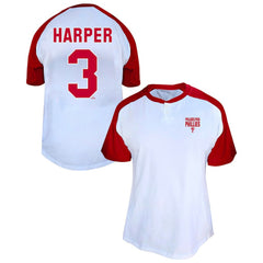 Bryce Harper Philadelphia Phillies Profile Women's Plus Size Name & Number Raglan Henley T-Shirt - White